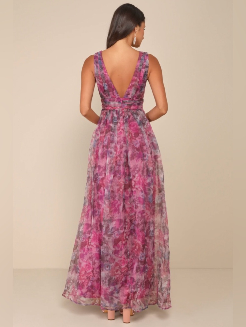 Lulu's Pink Floral Chiffon V‑Neck Maxi Dress with Side Slit - Picture 2 of 2